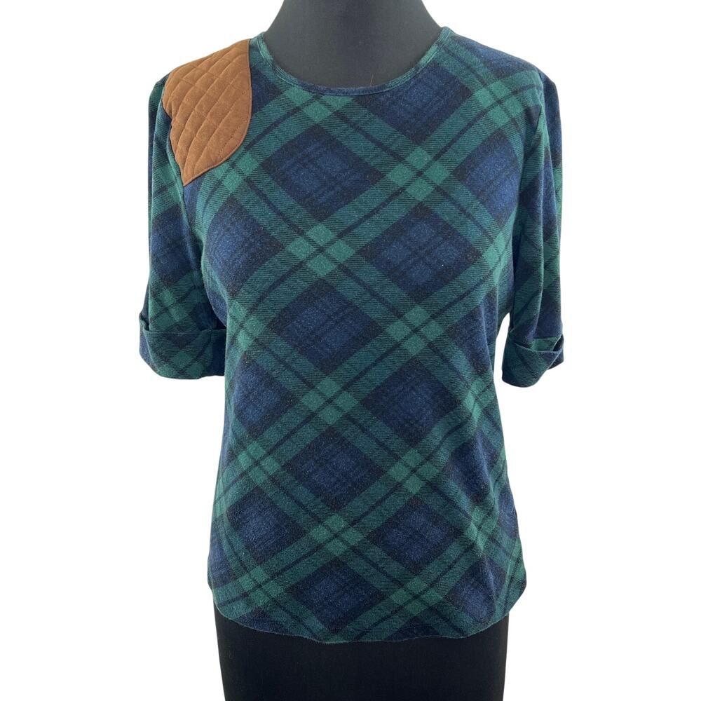 Lauren RALPH LAUREN Blue Green Plaid Faux Suede Scoop Neck 1/2 Sleeve Top Size L